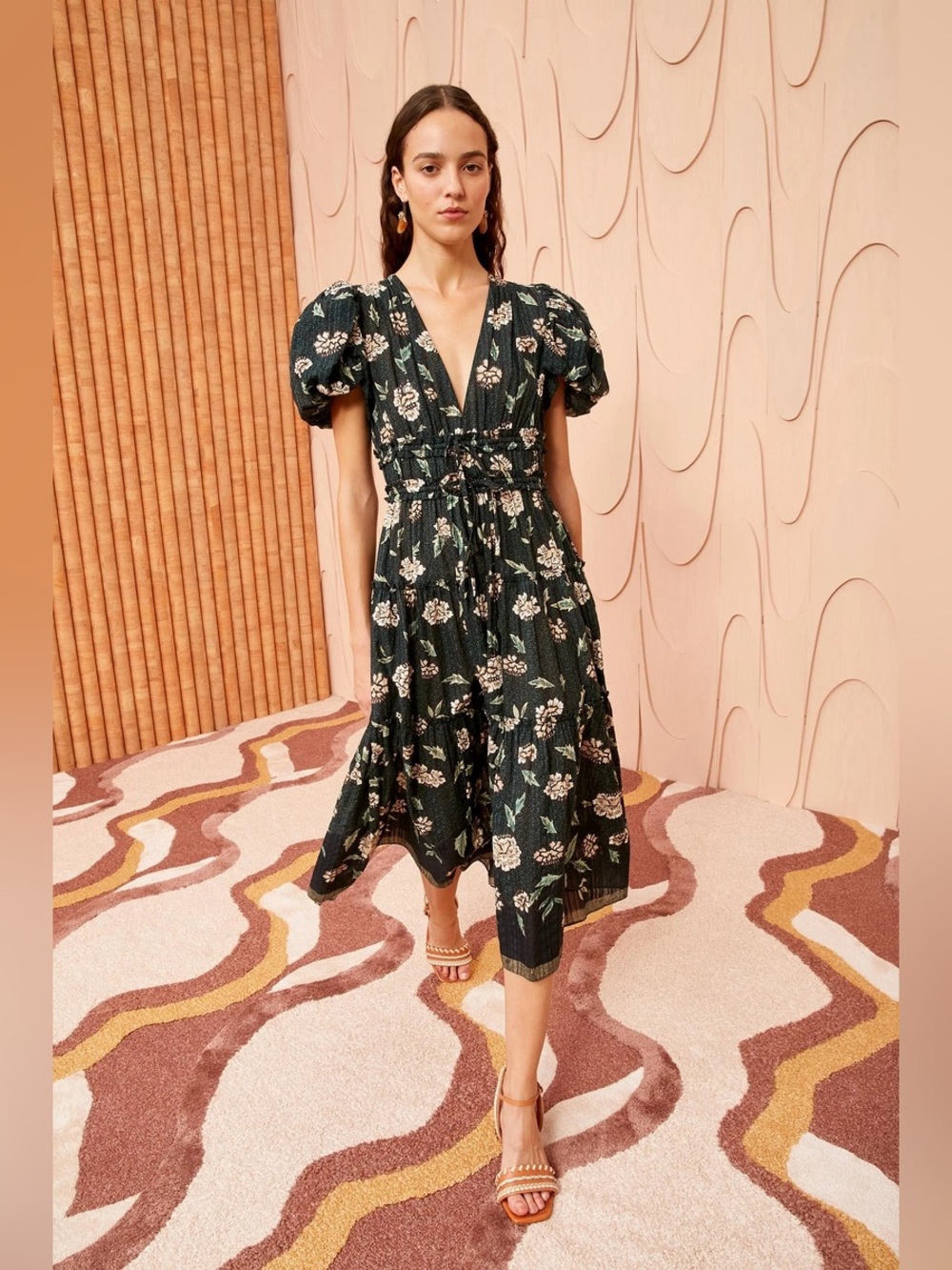 Ulla Johnson Eloisa Dark Green Floral Puff-Sleeve Midi Dress - Picture 3 of 7
